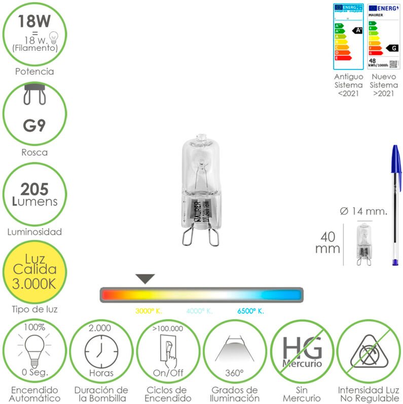 Maurer - Halogenlampe G-9. 18 w. 205 Lumen. Warmes Licht (3.000º k)