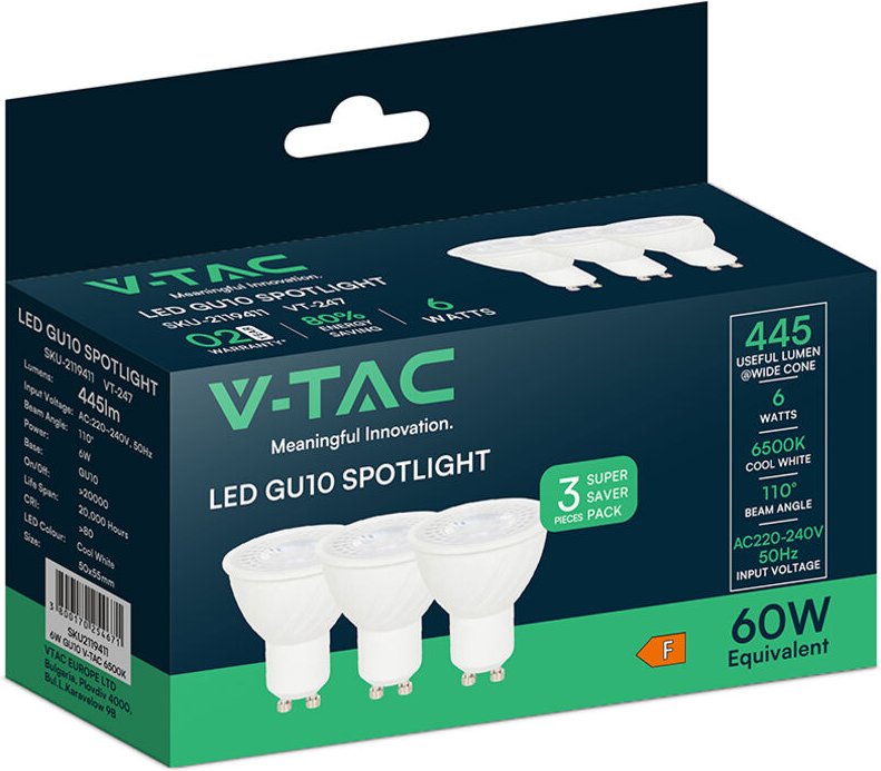 V-TAC LED-Spotleuchte – GU10 – IP20 – Weiß – 6 W – 445 Lumen – 6500 K – 3er-Pack