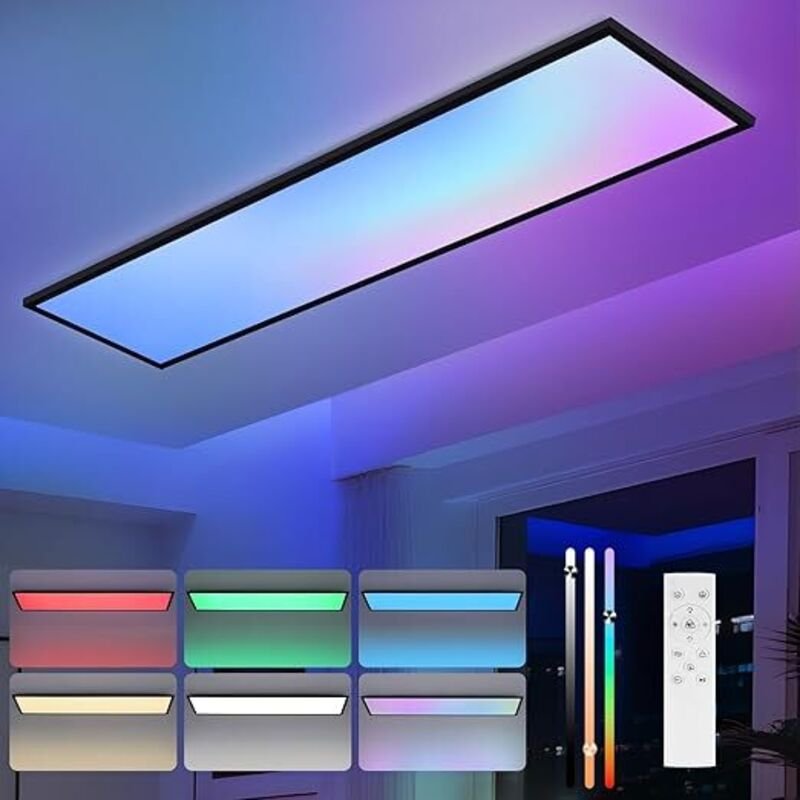 GBLY LED Panel 100x25 Deckenleuchte Dimmbar Deckenpanel RGB Farbwechsel lang Flach mit Fernbedienung 24W Schwarz Rechtec...
