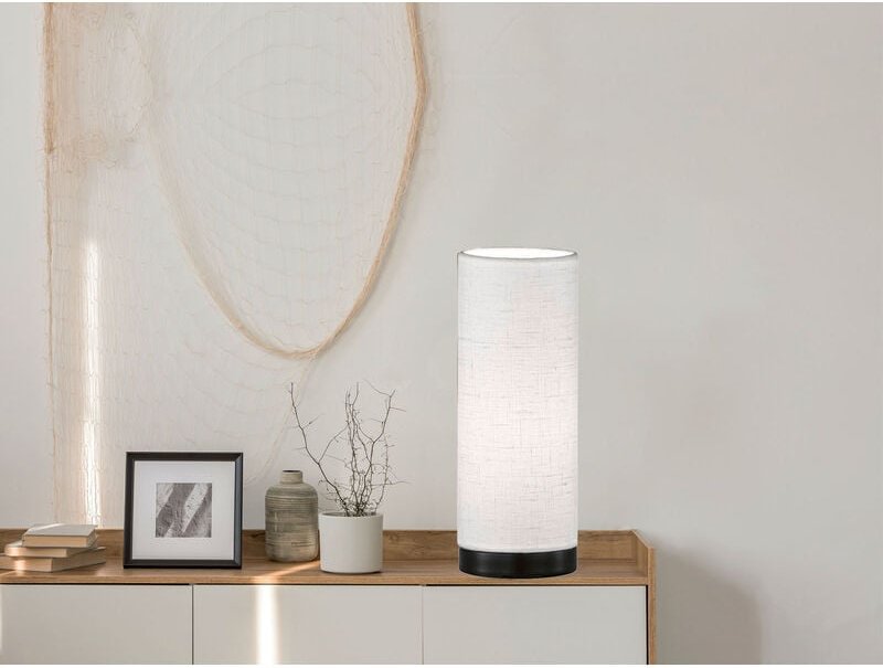 Meinewunschleuchte - led Tischlampe mit Lampenschirm Zylinder Leinen Weiß, Höhe 25cm