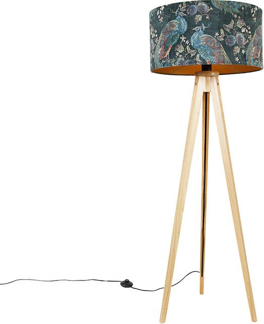Moderne Stehlampe Holz Stoffschirm Pfau 50 cm - Stativ Classic