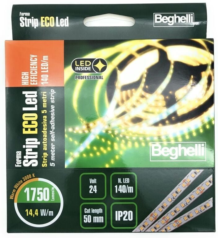 Beghelli - ECOLed he Selbstklebeband 5 Meter Hocheffiziente 140 LEDs/m 14.4W/m 24V 3000K