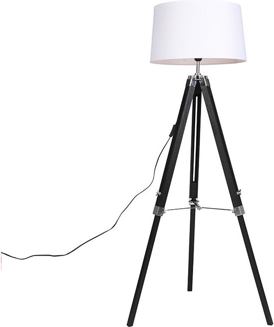 Qazqa - Stehlampe schwarz mit weißem Leinenschirm 45 cm - Tripod