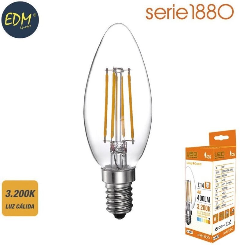 EDM - led Filament-Kerzenlampe E14 4 w 500 lm 3200 k warmes Licht Ø3,5 x 9,8 cm