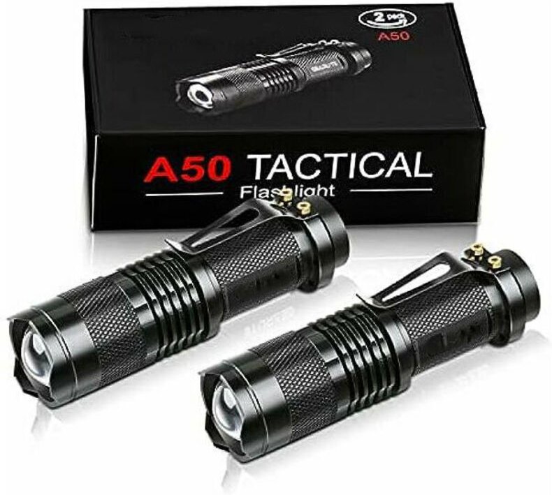 Jalleria - Mini-Taschenlampe, 2 Stück, Aluminium, extrem leistungsstarke LED-Taschenlampe mit Clip, 3 Modi zoombare Tasc...
