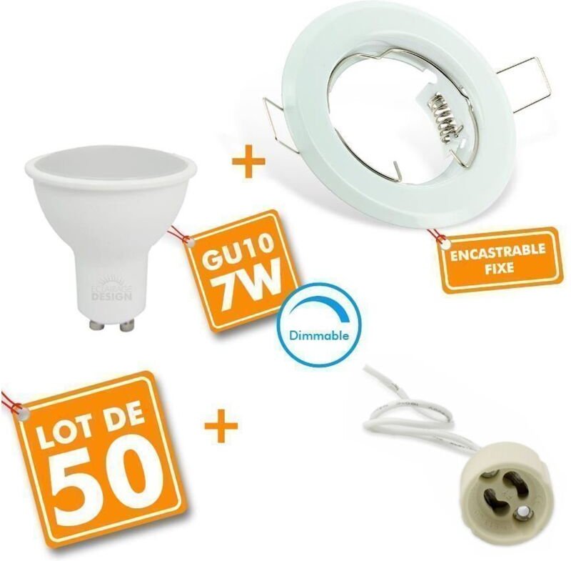 Arum Lighting - 50 Kompletter weißer LED-Einbaustrahler mit variabler Glühbirne GU10 7W Farbtemperatur: Kaltes Weiß 6000...