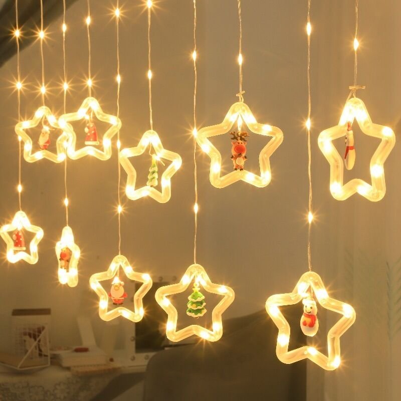 Runde LED-Lichterkette – Weihnachtsbaum-Lichterkette – Weihnachtsbeleuchtung – Fünfzackige Stern-Lichterkette, warmweiß ...