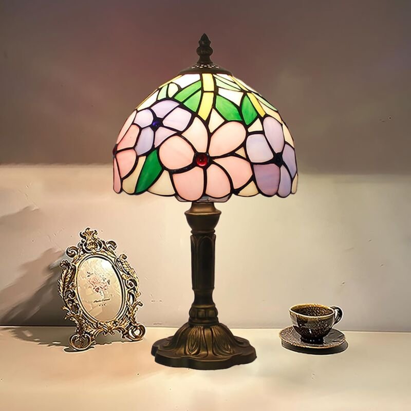 Tischlampe im Landhausstil, Nachttischlampe, Vintage-Dekolampe mit Buntglasschirm, E27-Leselampe, Wandleuchte für Schlaf...