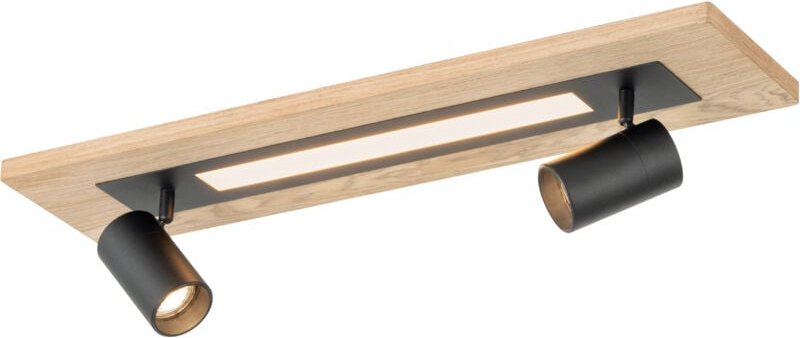 Deckenlampe Torrestralle, Deckenleuchte mit LED-Panel und 2 Spots, Wohnzimmerlampe aus schwarzem Metall und Holz-Furnier...