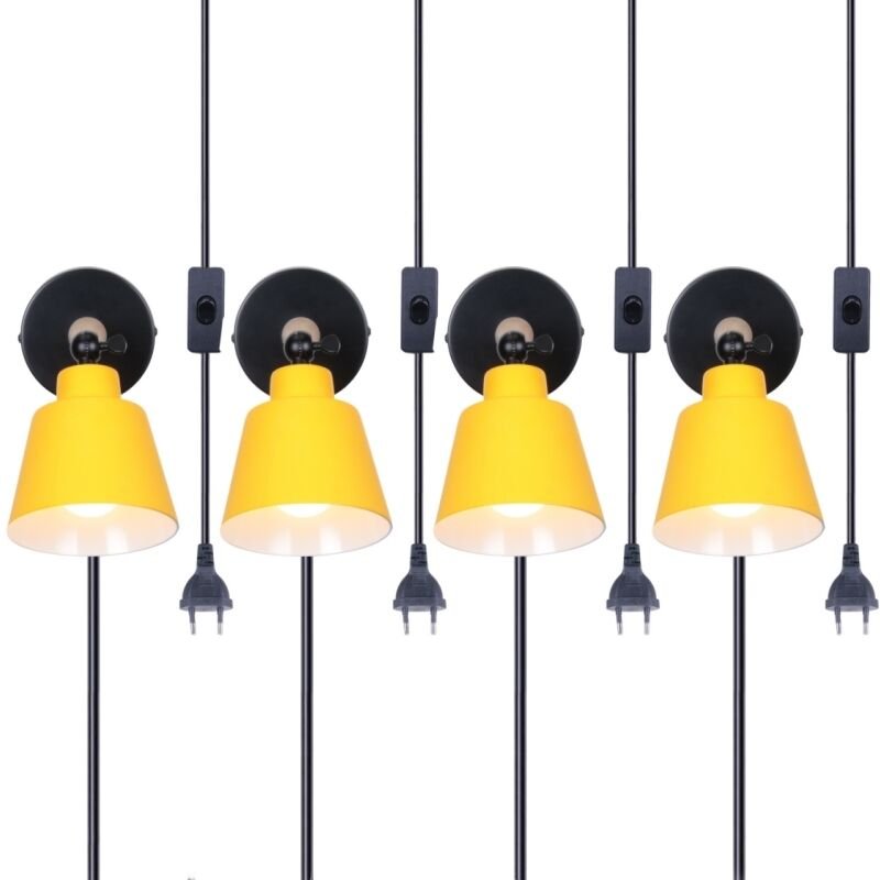 4 Stücke Moderne Wandleuchten Holz Metall Wandlampe Verstellbarer Wandbeleuchtun mit Stecker und Schalter Gelb Ø12cm