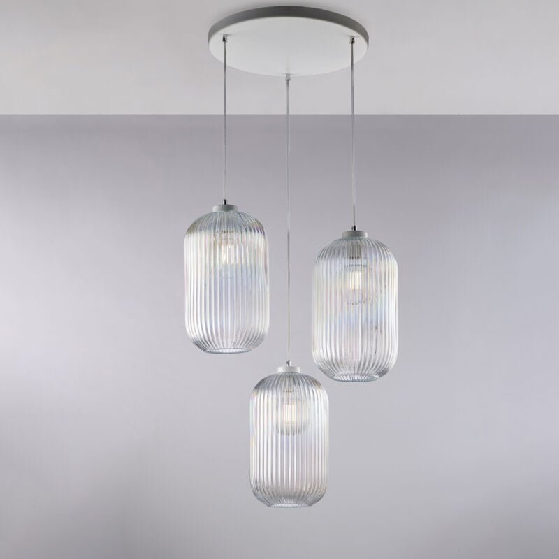Krizia – Pendelleuchte weiß, Glas transparent mit Streifendekor, Ø47, 3-flammig – BL310-S3-TR - Belight