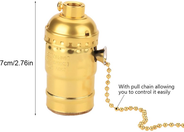 Eujgoov Vintage Aluminium E27 Lampenfassung mit Zugkette, für die Innendekoration (GOLD)