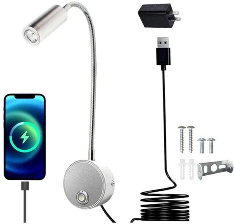 3-W-LED-Wandleuchte fürs Bett mit dimmbarem Touch-Schalter und USB-Ladeanschluss, 360° schwenkbare Leselampe mit Stecker...