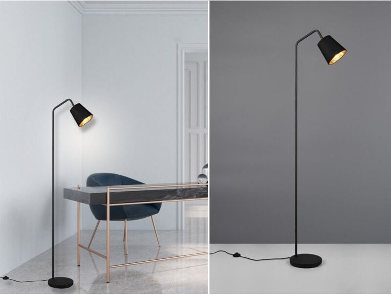 Meinewunschleuchte - Stehleuchte Spot schwenkbar, Metall & Stoffschirm Schwarz/Gold, Höhe 148cm