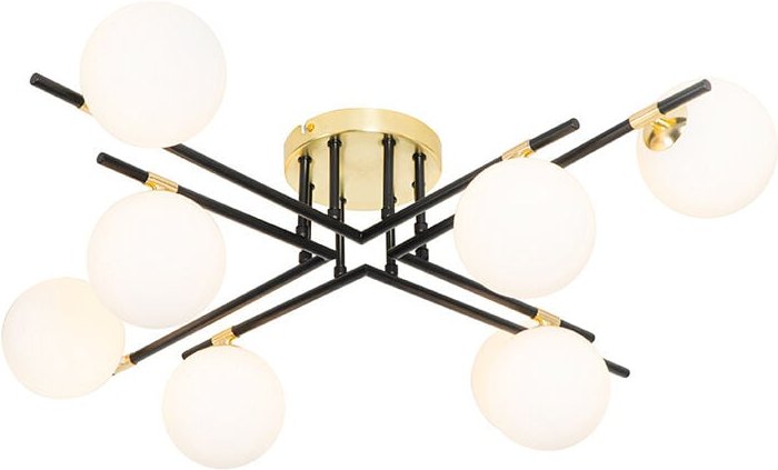 Deckenleuchte schwarz mit Gold und Opalglas 8 Lichter - Lynn
