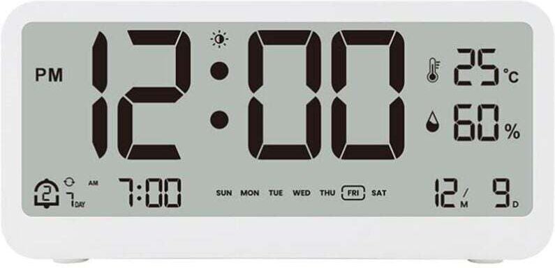 Batteriebetriebener Digitalwecker mit LCD-Display und Doppelalarm für Datum, Temperatur und Luftfeuchtigkeit. XXW