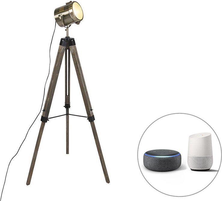 Smarte Stehleuchte Stativholz mit Studiostrahler inkl. WiFi B35 - Braha
