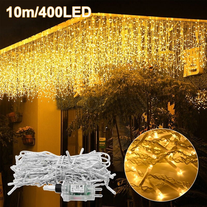 Froadp 10m Lichterketten Eiszapfen LED Vorhang 400 LEDs Transparent Regenkette 8 Lichtmodi Aesthetic Weihnachts Warmweiß...