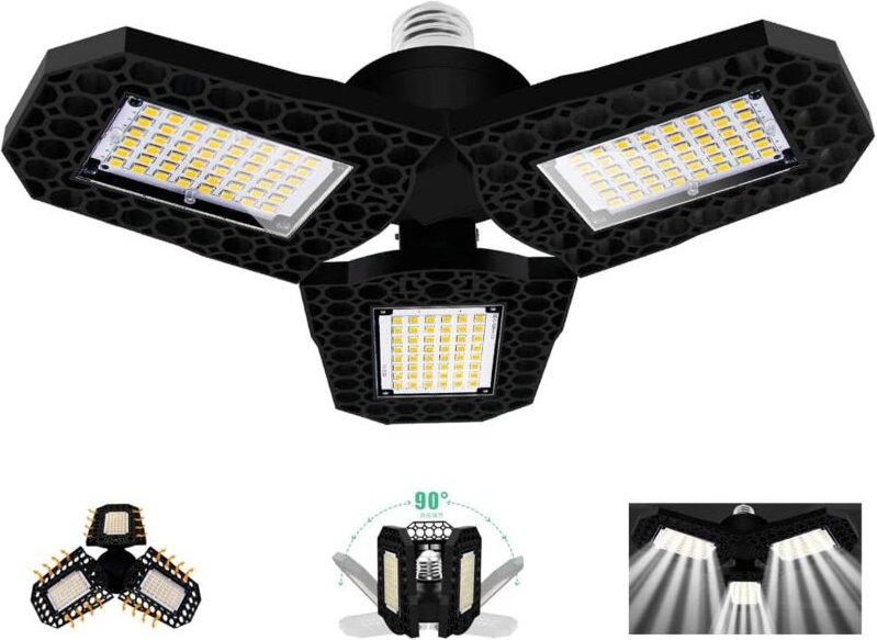 Ersandy - 40 w LED-Garagenleuchte, verformbare E27-Deckenleuchte mit 3 verstellbaren Paneelen, superhelles 3000 lm Kaltw...