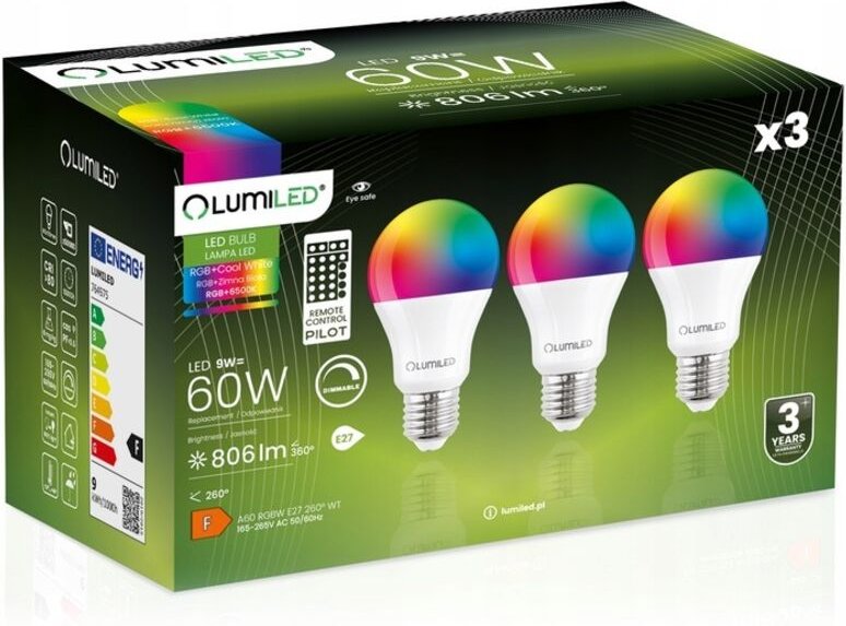 3x LED-Lampe E27 A60 9W = 60W 806lm RGBW Dimmbar Smart + Fernbedienung