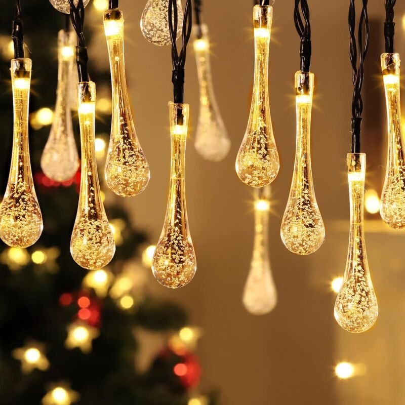 Solar-Lichterkette für draußen, warmweiße Weihnachtsbeleuchtung, 30 LEDs, 6,5 m, Wassertropfenform, wasserdicht, für Hau...