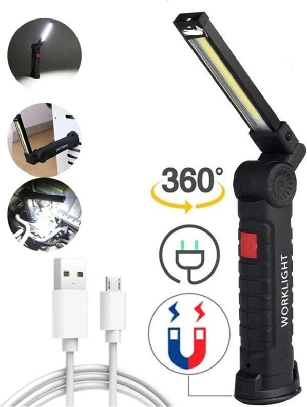 LED-Arbeitsleuchte – USB wiederaufladbar – 3 W – 360° drehbar – COB-LED – magnetisch – Taschenlampe – Schwarz