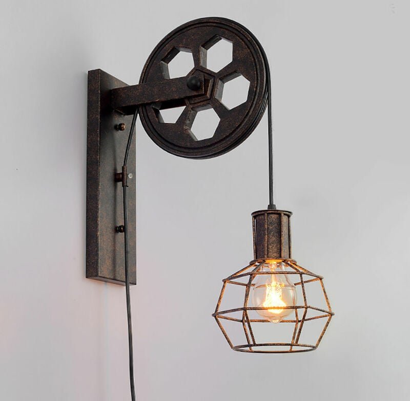 Kreativ Flaschenzug Wandlampe, Wandleuchte Innen, Vintage Industri Wandlampe mit Metallkäfig für Wohnzimmer Schlafzimmer...