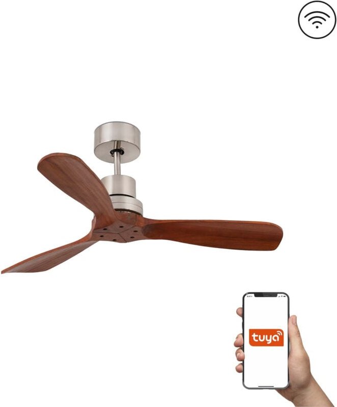 Faro Mini Lantau Kleiner Deckenventilator mit 3 Flügeln, Satin Nickel, Kiefer, Tuya Smart System