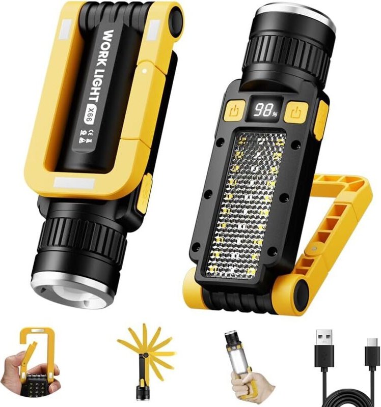 Wiederaufladbare magnetische LED-Arbeitsleuchte, tragbare Arbeitsleuchte, 7 Leuchtmodi mit 360° drehbarem Haken und Kara...