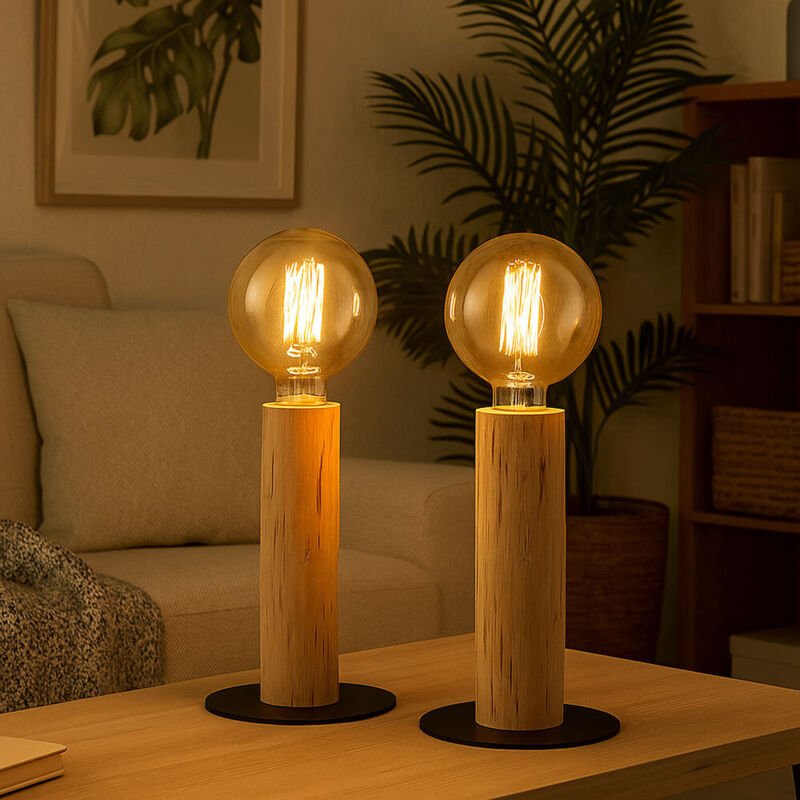 Etc-shop - Lampe Wohnzimmer Tischlampe Holzleuchte natur Vintage Schreibtischlampe, Retrostil, Metall schwarz, 1x E27 Fa...