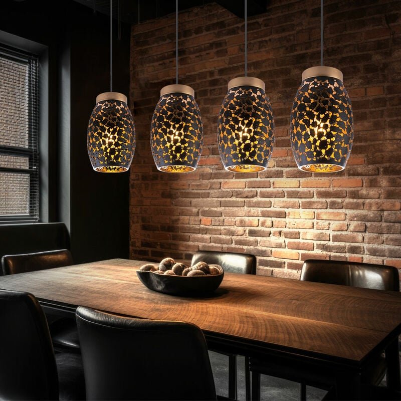 Pendelleuchte Hängelampe Esstisch 4 flammig Esszimmerlampe Hängeleuchte, orientalisch, Metall schwarz gold gemustert, 4x...