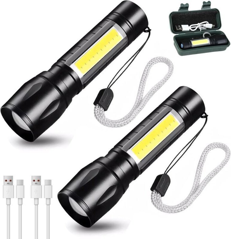 Set mit 2 wiederaufladbaren LED-Taschenlampen, superhell, einstellbarer Fokus, 3 Leuchtmodi, lange Lebensdauer, wasserdi...