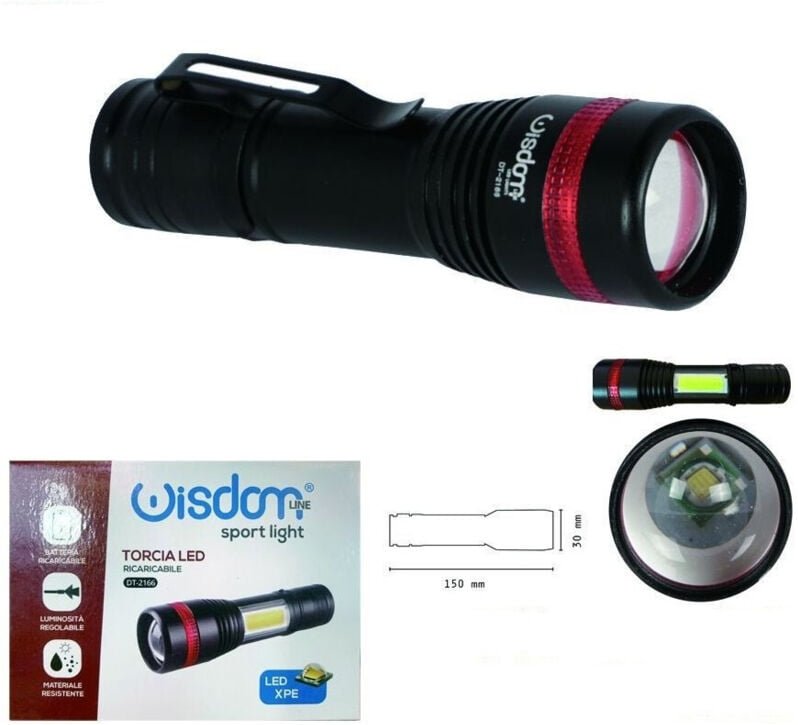 Trade Shop - LED-Taschenlampe, wiederaufladbar, einstellbare Helligkeit, doppelte Lichtemission, DT-2166 -