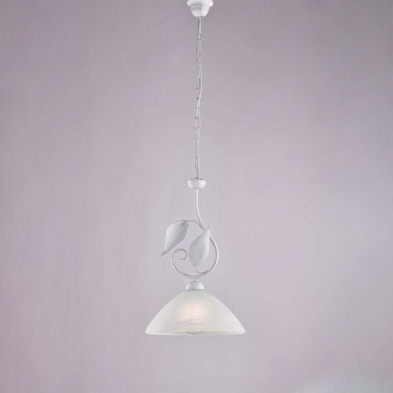 Lampadario in ferro laccato bianco con decorazione argento antico e diffusore in vetro diametro 30 alabastro bianco 1 lu...