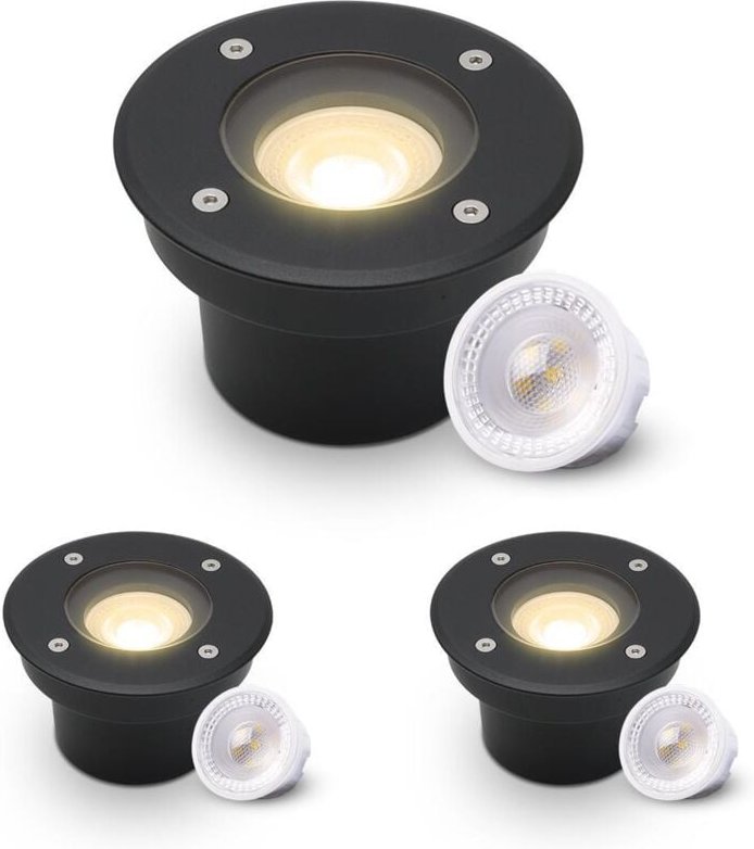 LED Bodeneinbaustrahler Schwarz FLACH rund 230V IP67 - Leuchtmittel: 5W 2700K DIMMBAR 60° - Anzahl: 3x