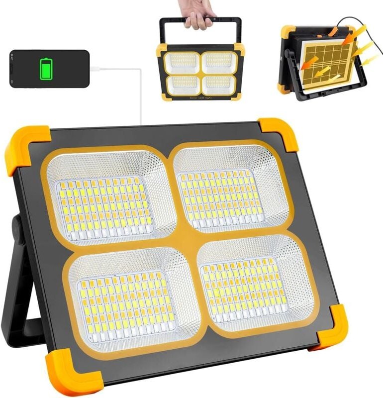 Wiederaufladbarer LED-Flutlichtstrahler, 120 W, 10000 lm, Baustellenlampe, tragbares Arbeitslicht mit Solarpanel, 348 LE...