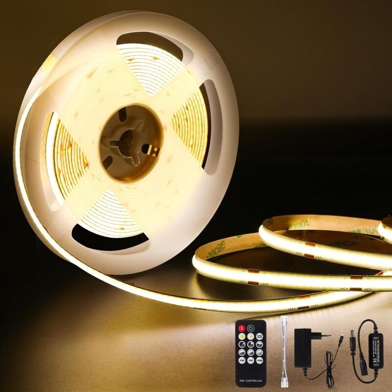 Antenlicht COB LED Streifen 5m Warmweiß 36W LED Stripe Dimmbar mit Fernbedienung CRI90 8mm Breite Neon-Lichtleiste DIY L...