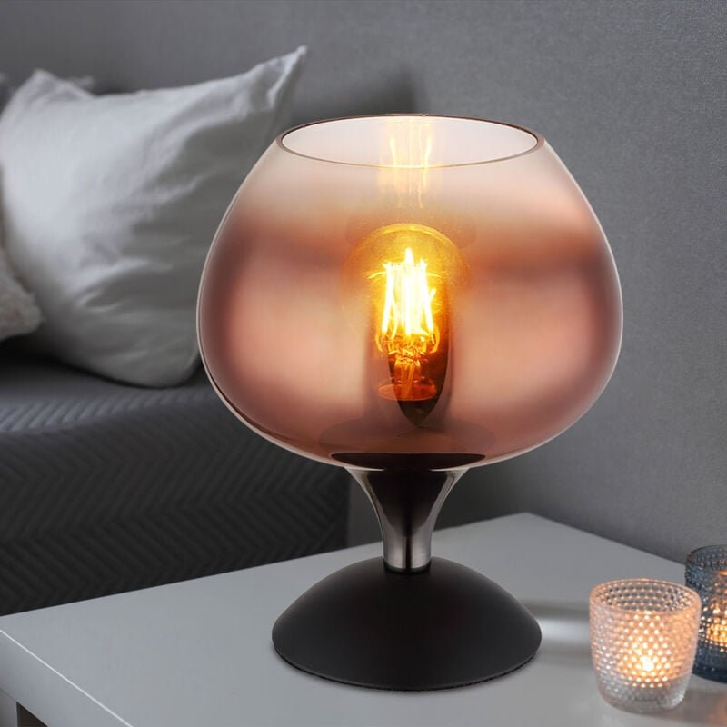 Tischleuchte Glas kupfer Tischlampe Retro Nachttischleuchte schwarz chrom, Metall, E27 Fassung, DxH 15x20,5 cm