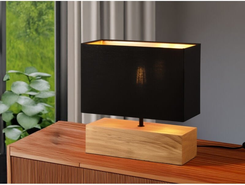 Tischleuchte woody Holzfuß Stoffschirm Schwarz/Gold, Höhe 30cm