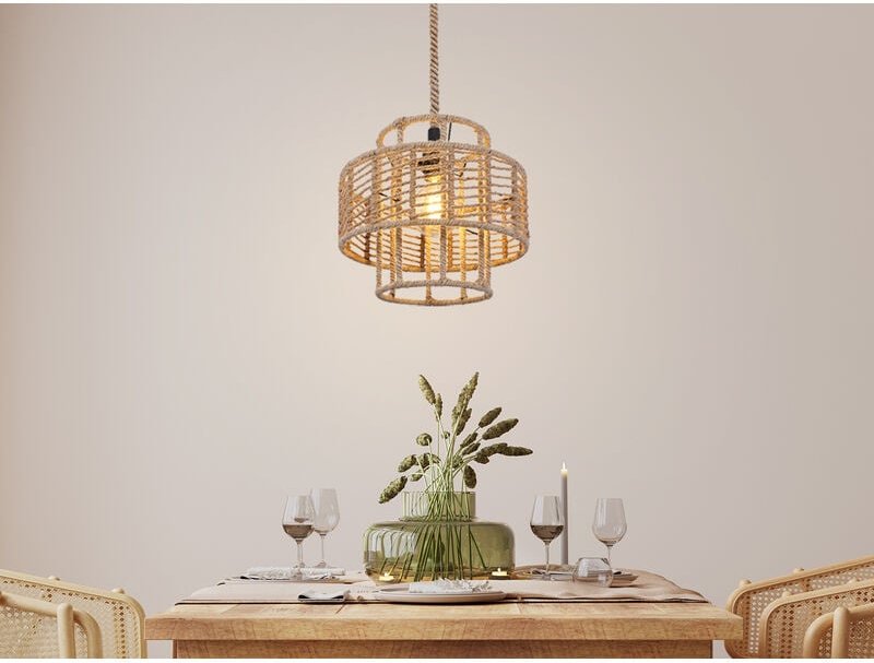 Led Pendelleuchte mit Hanfseil Korbgeflecht Braun, ø 35cm