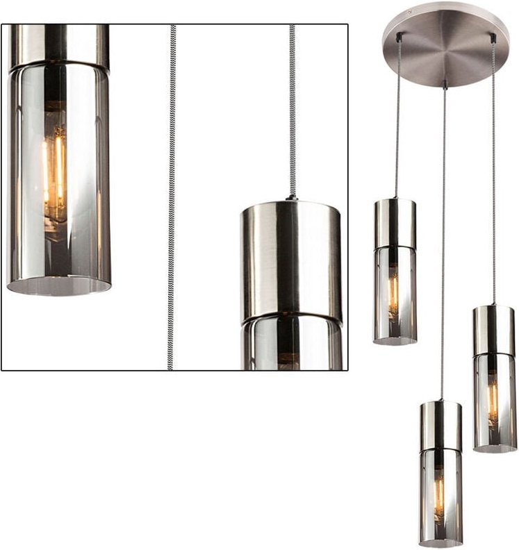 Hängeleuchte Rauchglas 3 Flammig Pendelleuchte nickelfarben Esszimmerleuchte Glas, Metall, 3x E27 Fassungen, DxH 30x150 ...