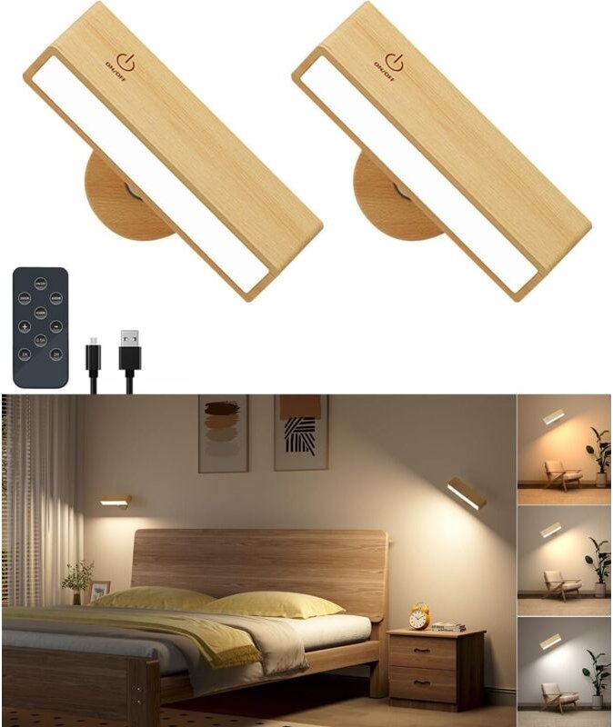 2er-Set Wandleuchten für den Innenbereich mit Fernbedienung, wiederaufladbare Nachttischlampen, kabellose LED-Holzleucht...