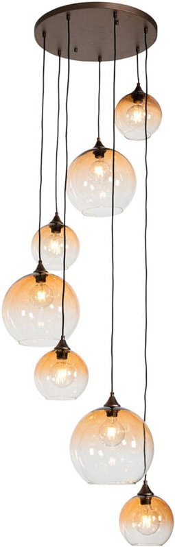 Smarte Pendelleuchte Dunkelbronze mit bernsteinfarbenem Glas 7-flammig inkl. 7 Wifi A60 - Sandra