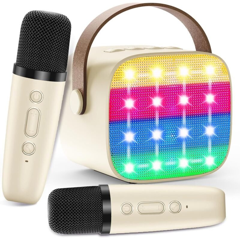 Karaoke-Maschine für Kinder mit 2 kabellosen Mikrofonen – Tragbarer Bluetooth-Lautsprecher, Stimmverzerrer, LED-Beleucht...