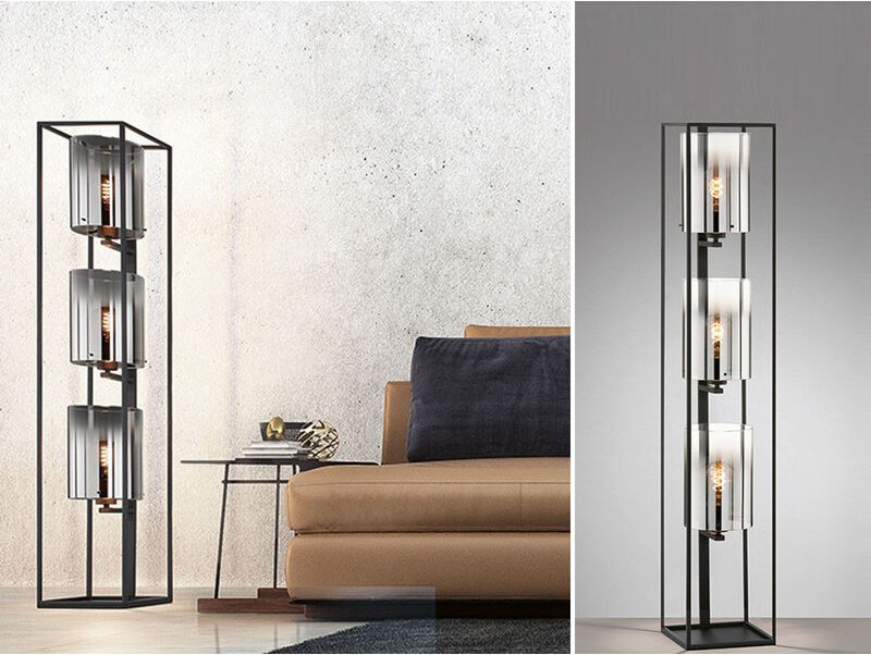 Fischer - Stehlampe samu 3-flammig Schwarz mit Rauchglas, Höhe 130cm