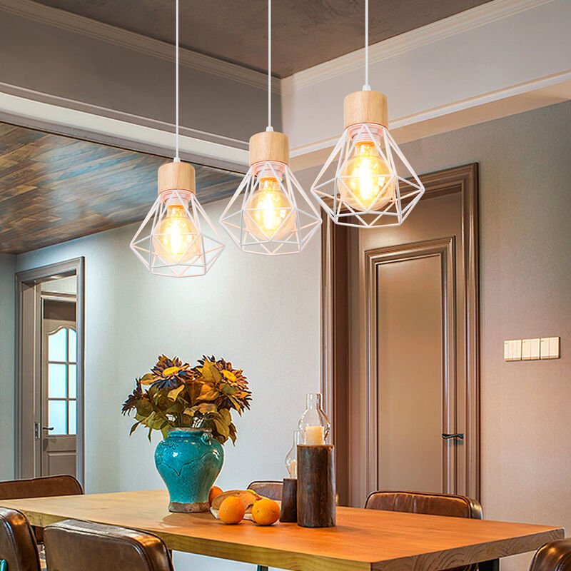 3-flammige Kronleuchter Pendelleuchte aus Metall und Holz Deckenleuchte Industrielle Retro in Rautenform Hängeleuchte E2...