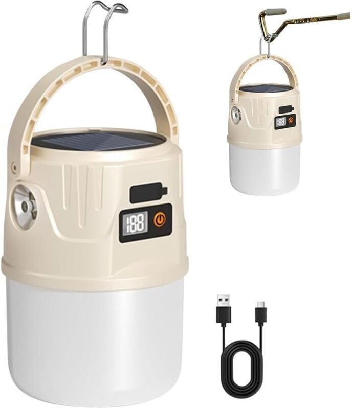 Campingleuchte – Superhelle Taschenlampe 2 Modi, Anzeige, Akku, Solarpanel, wasserdicht, mit Haken für den Außenbereich