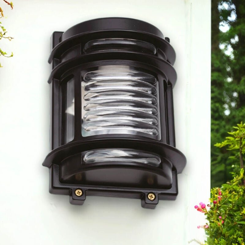Licht-erlebnisse - Außenlampe Wand Echt-Messing Glas E27 IP64 22 cm hoch Schwarz Maritim Außenwandlampe