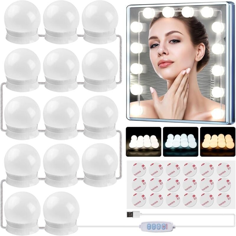 Spiegellicht, dimmbares LED-Lichtset mit 14 Glühbirnen, 10 Helligkeitsstufen, 3 Farbmodi