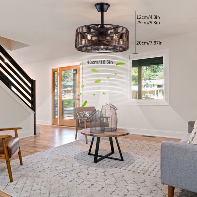 Deckenventilator, Vintage-Deckenventilator mit Fernbedienung und Käfigschirm, 3 Geschwindigkeiten, für Schlafzimmer, Woh...